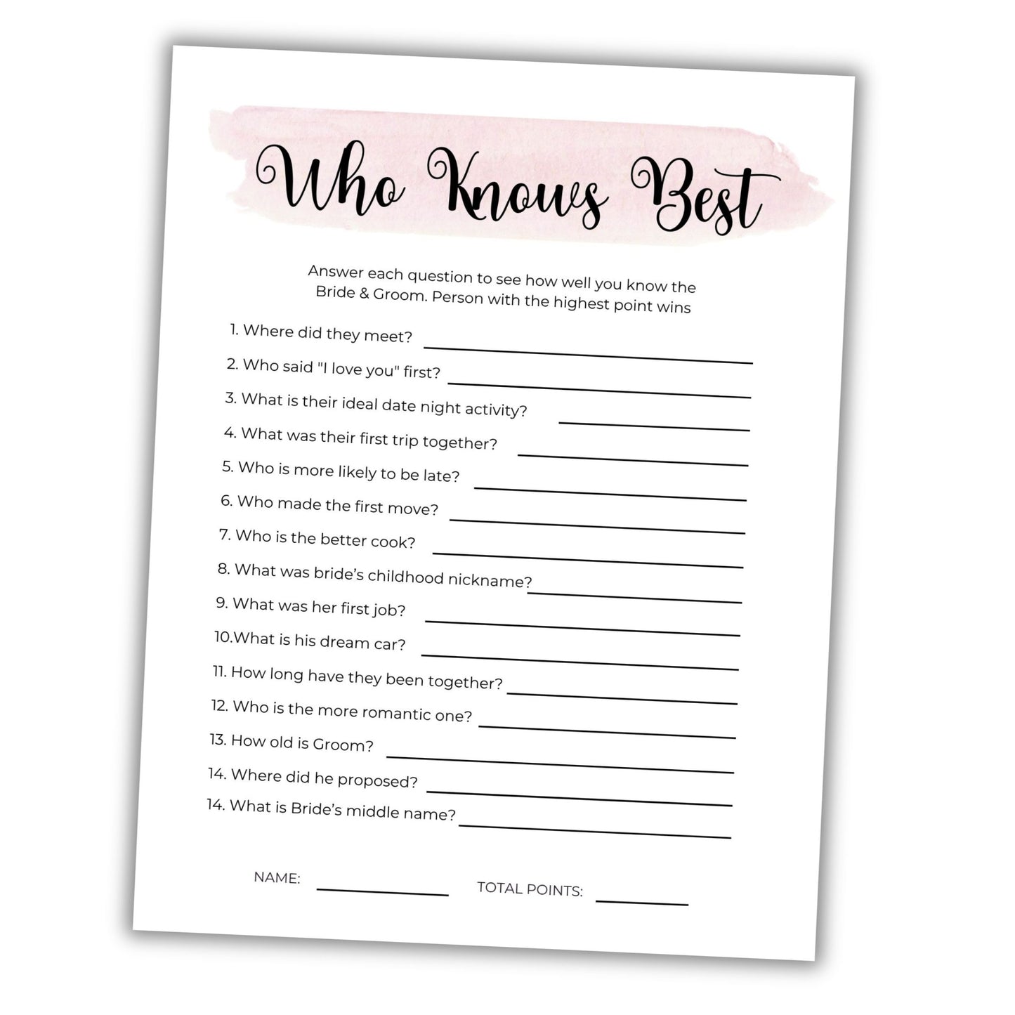 Bachelorette party game sheet titled 'Who Knows Best' on a white background