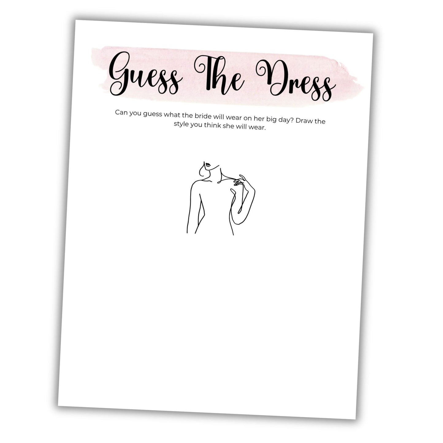 Card with 'Guess the Dress' question and dress outline on a white background