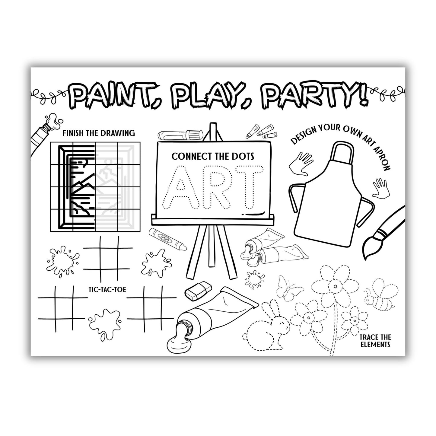 Children's activity sheet with art-themed tasks and illustrations.