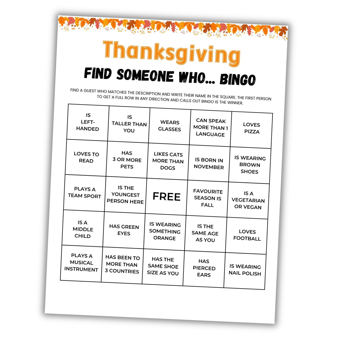 Thanksgiving 'Find Someone Who' Bingo game sheet on a white background