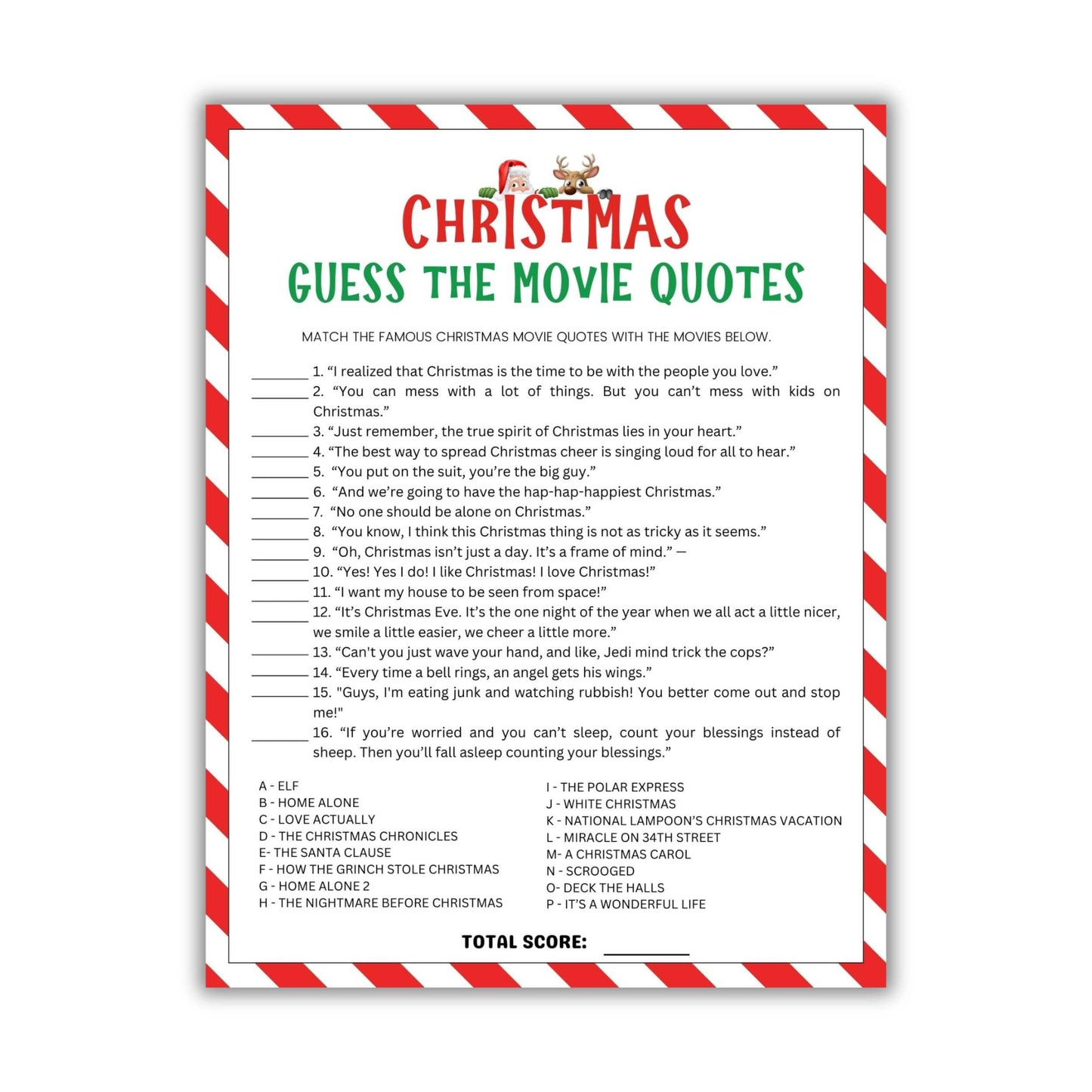Printable Christmas Movie Quote Trivia Game