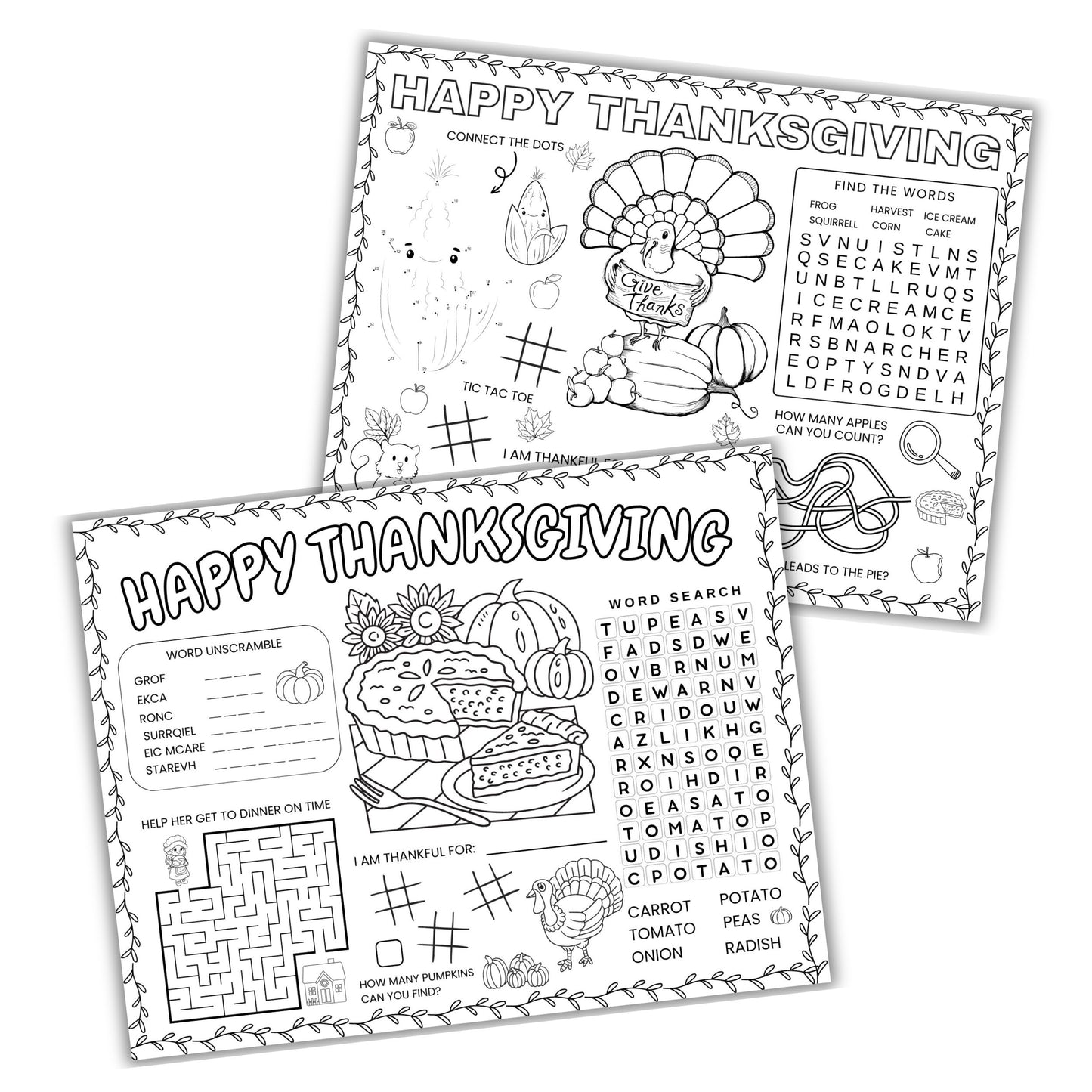Printable thanksgiving activity placemats for kids.