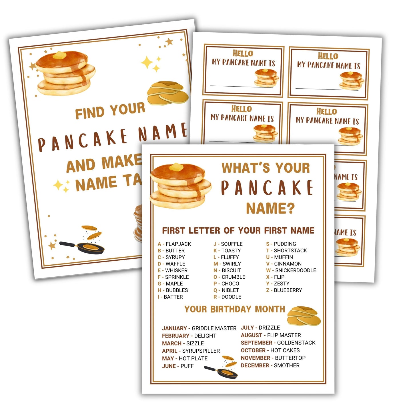 Set of pancake-themed name games with illustrations and text on a white background