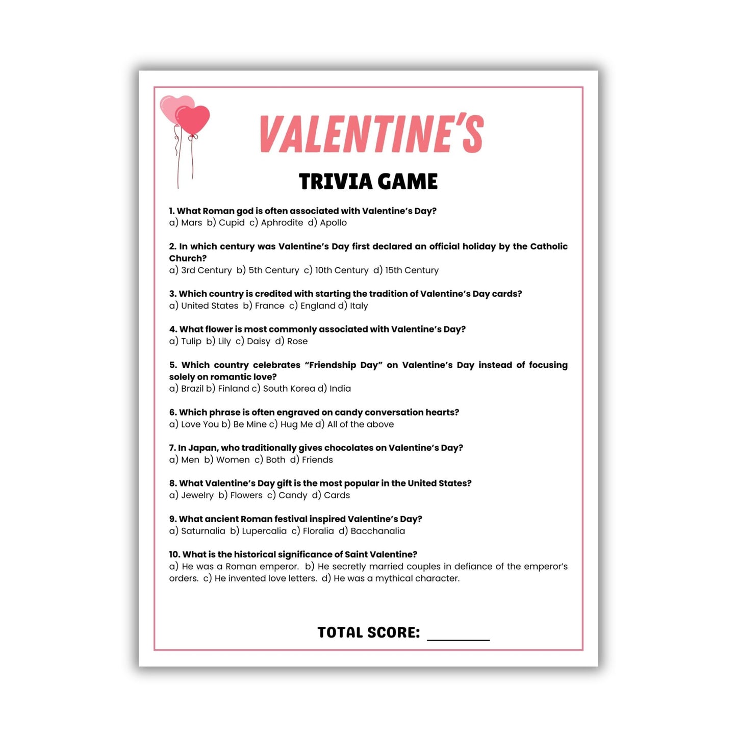 Printable Valentine's Day Trivia Game
