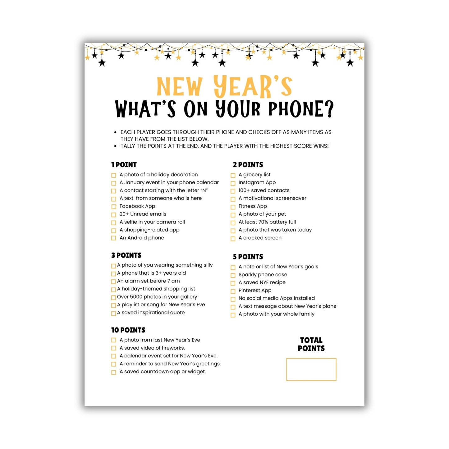 Printable New Years What's On Your Phone Game