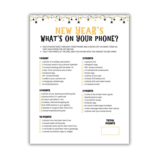 Printable New Years What's On Your Phone Game