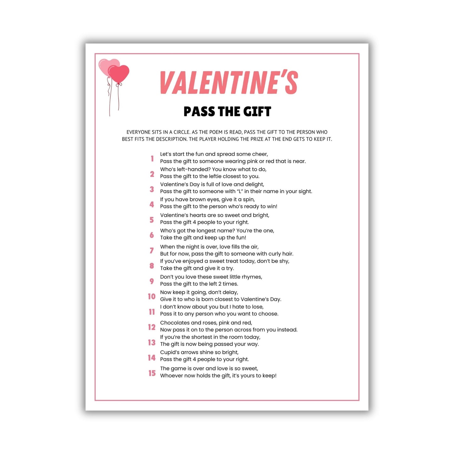 Printable Valentine's Day Pass The Gift Game