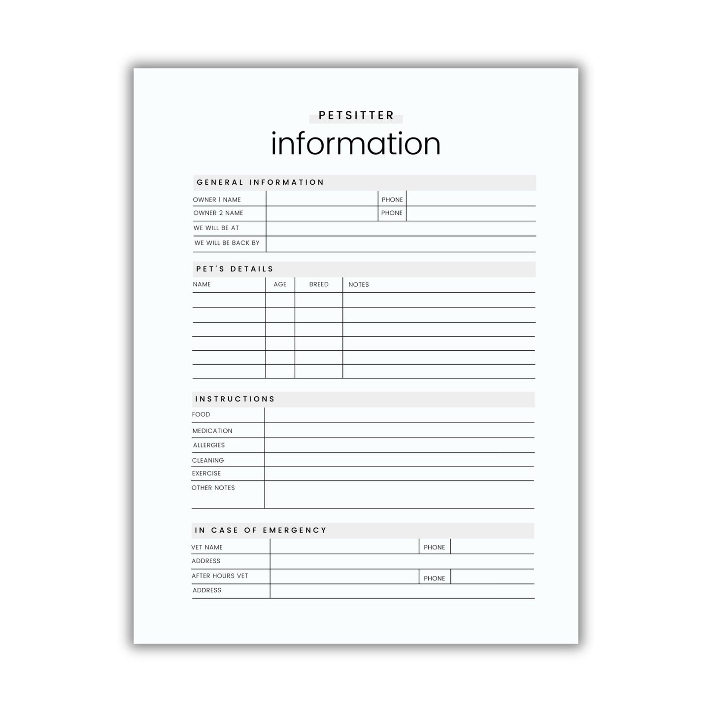 Pet Sitter Instructions Form - Simplify Create Inspire