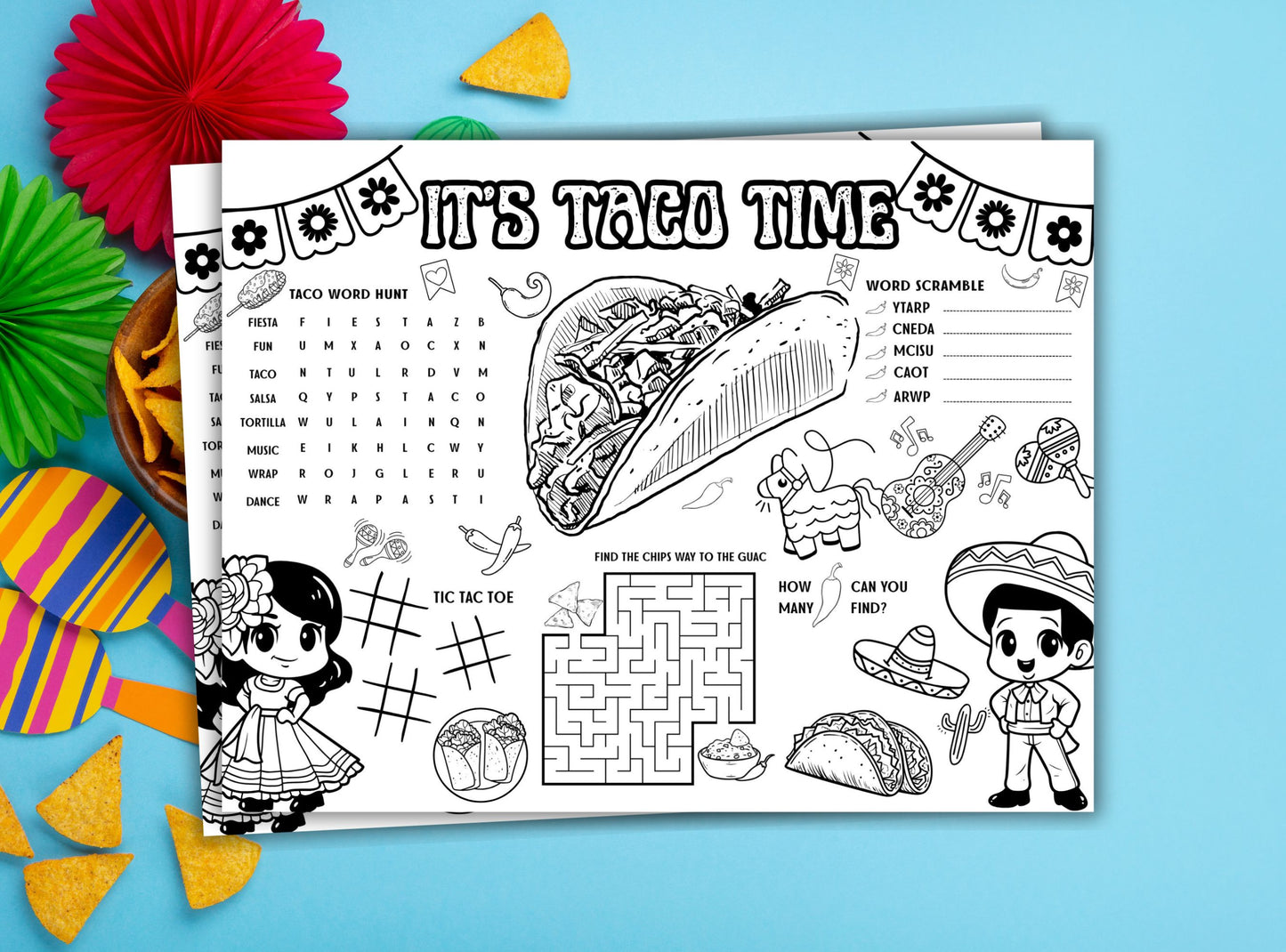 Coloring book with taco-themed activities on a blue background with decorative items.