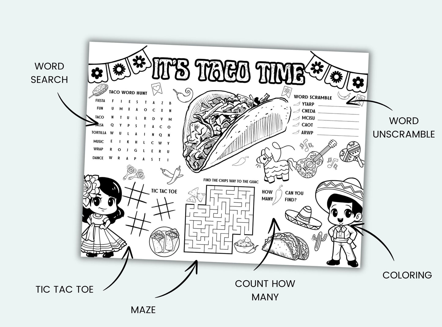 Educational children's activity sheet with various games and puzzles on a white background.