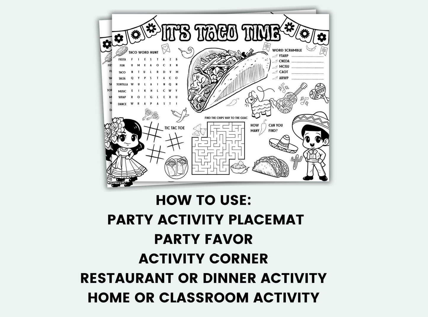 Black and white party activity placemat with various graphics and text on a white background