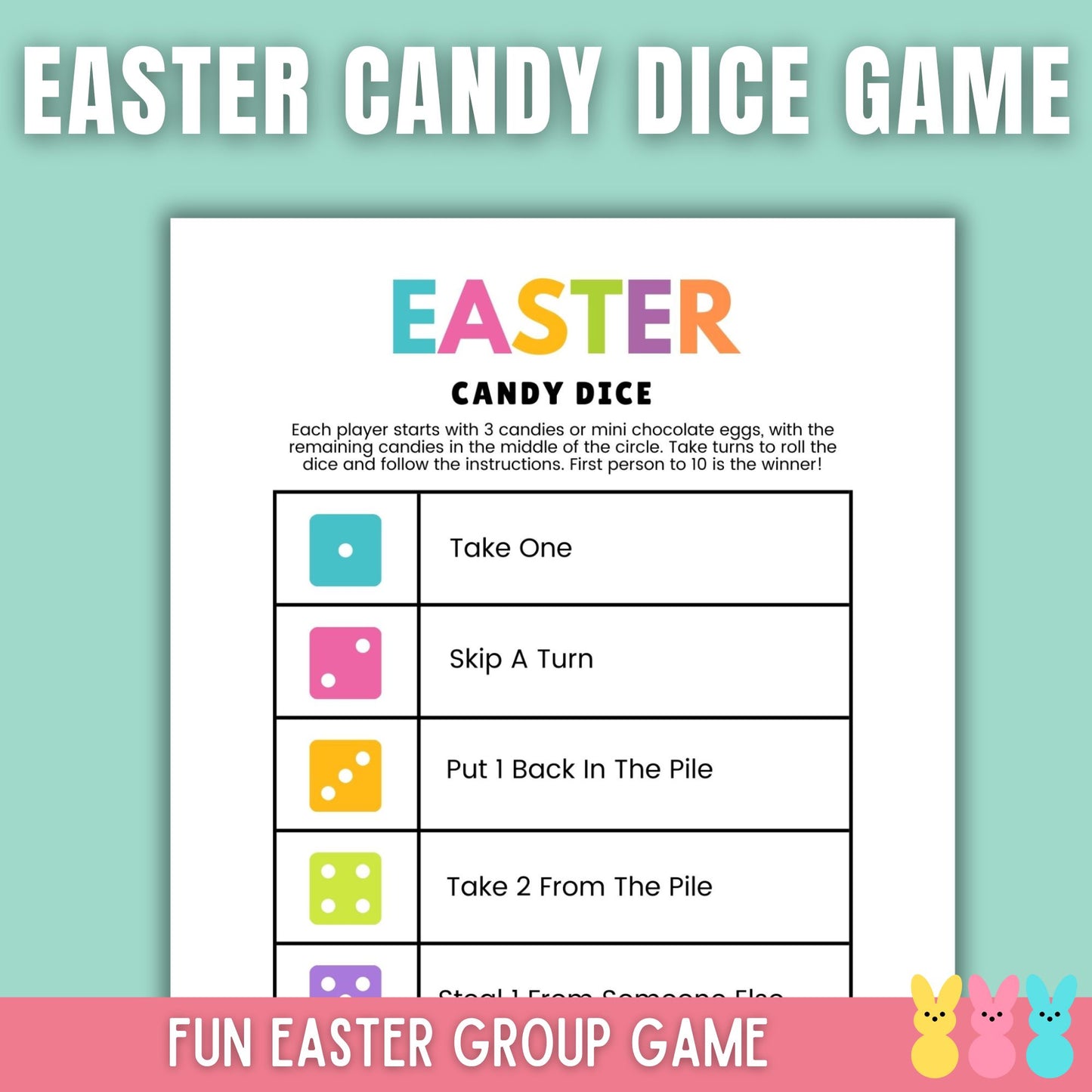 printable easter candy dice game.