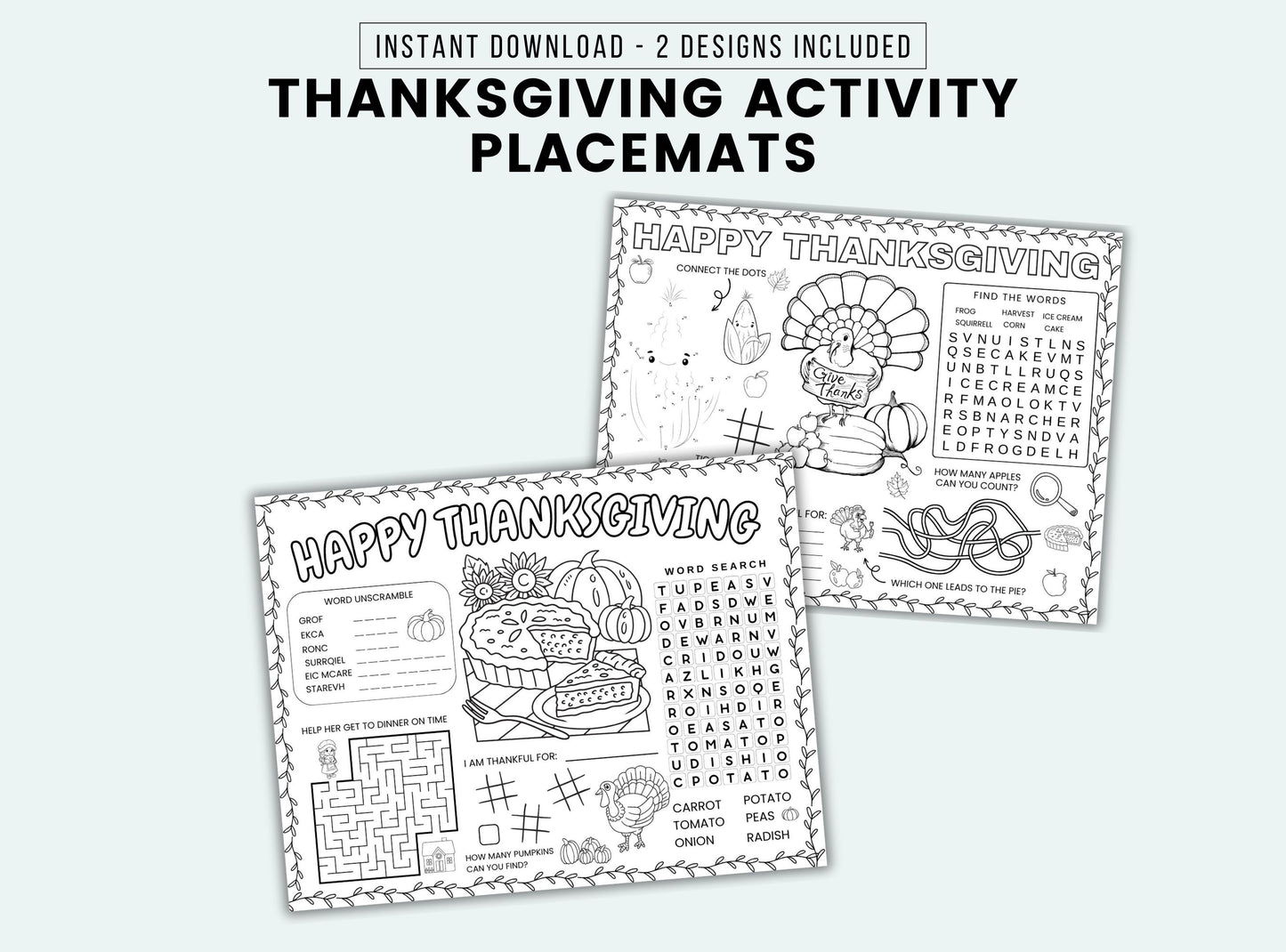 Printable thanksgiving activity placemats for kids.