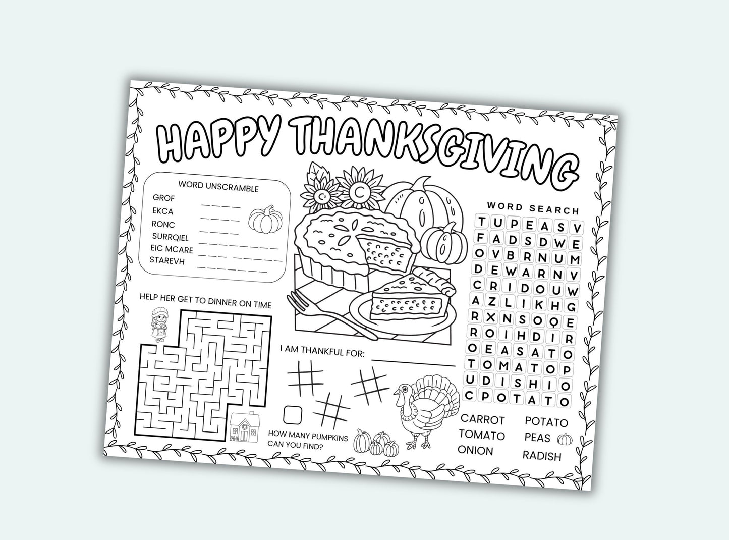 Printable thanksgiving activity placemats for kids.