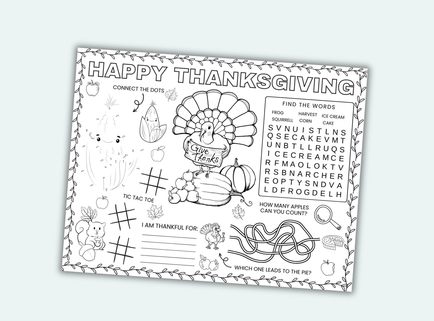 Printable thanksgiving activity placemats for kids.