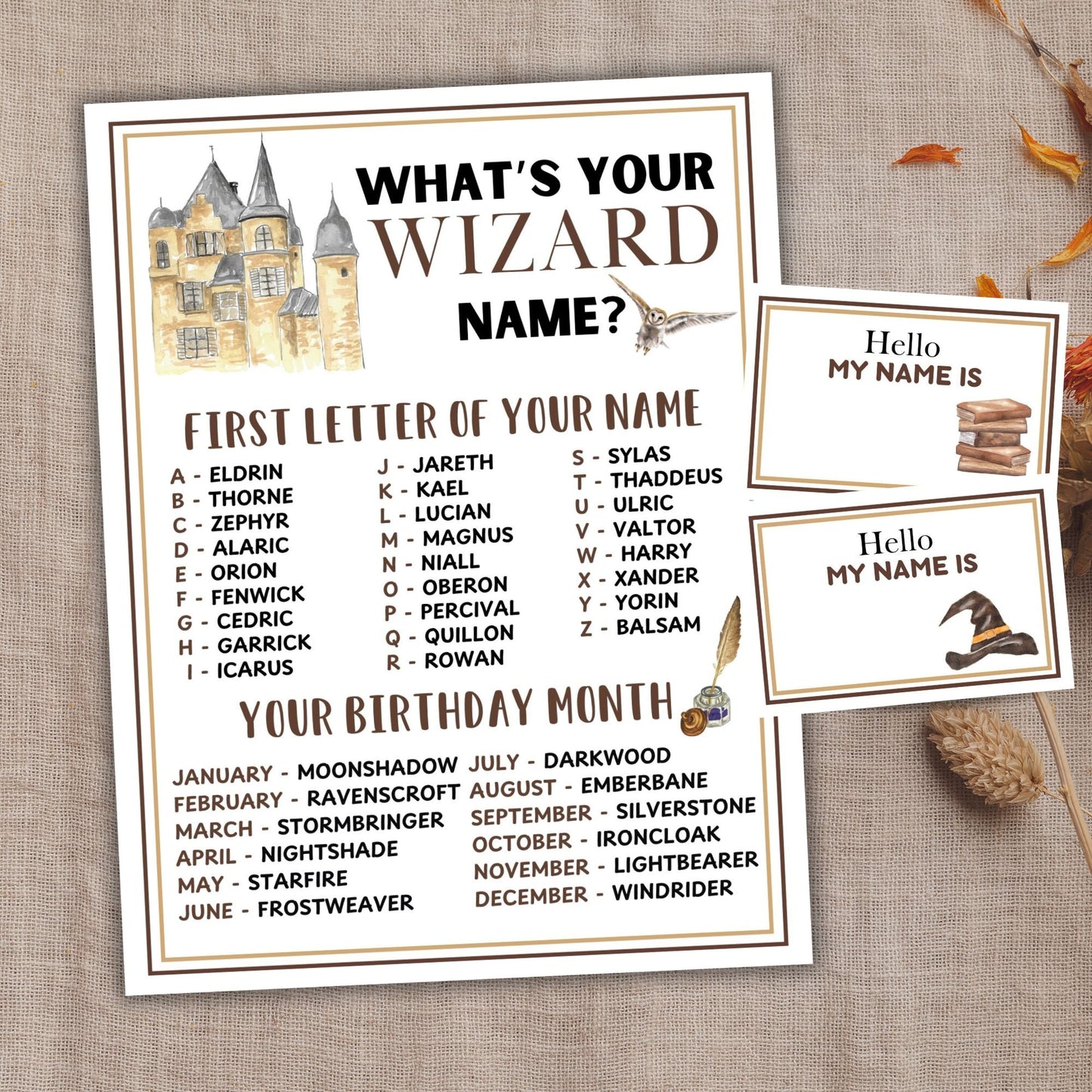 Wizard-themed name and birthday month selection sheet on a textured surface