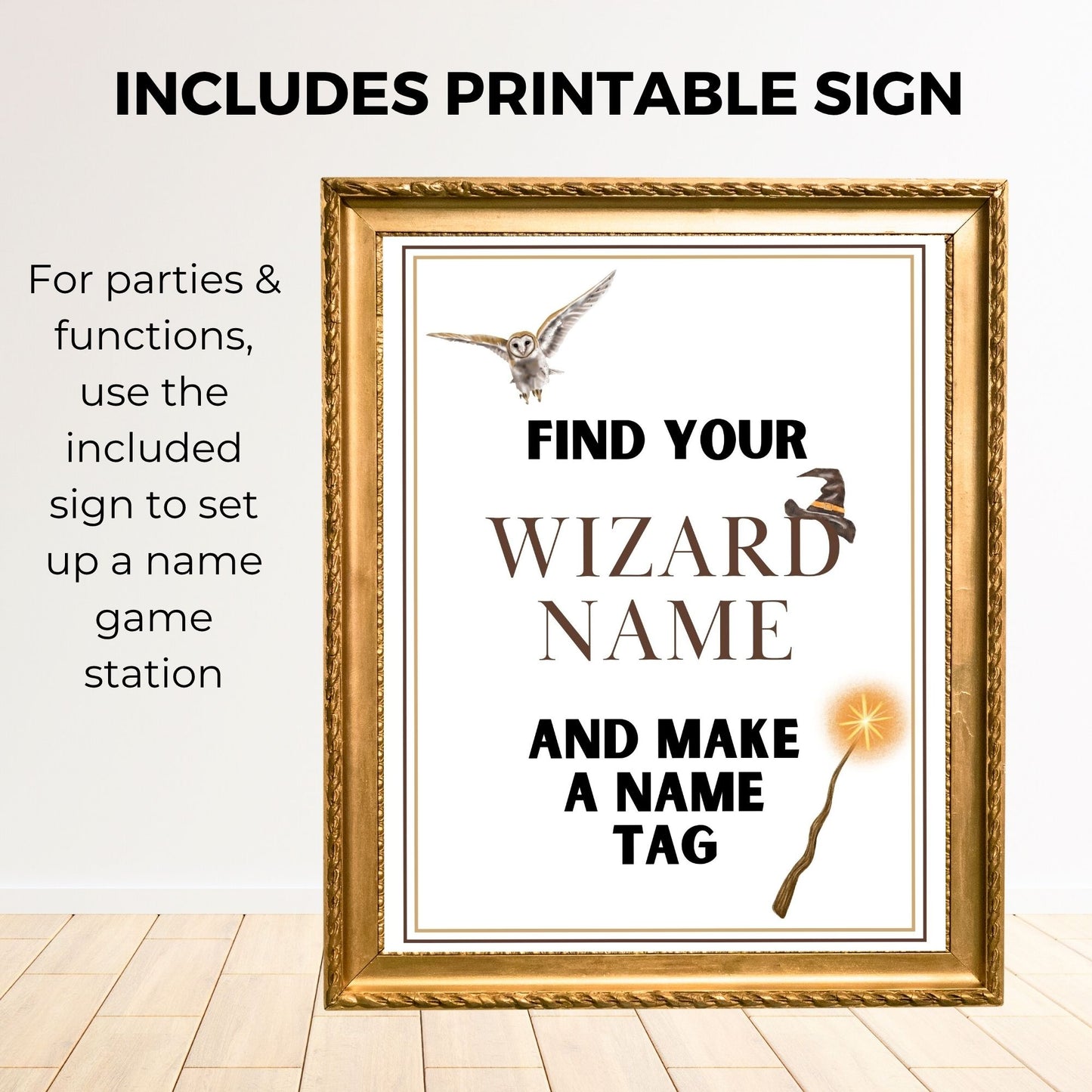 Decorative sign with text 'Find Your Wizard Name' in a gold frame on a white background.