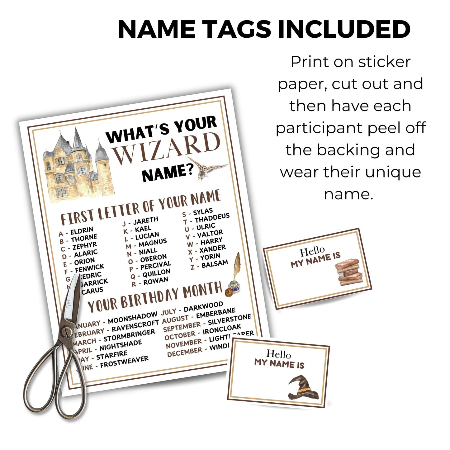 Wizard-themed name tag printout with scissors and example name tags on a white background