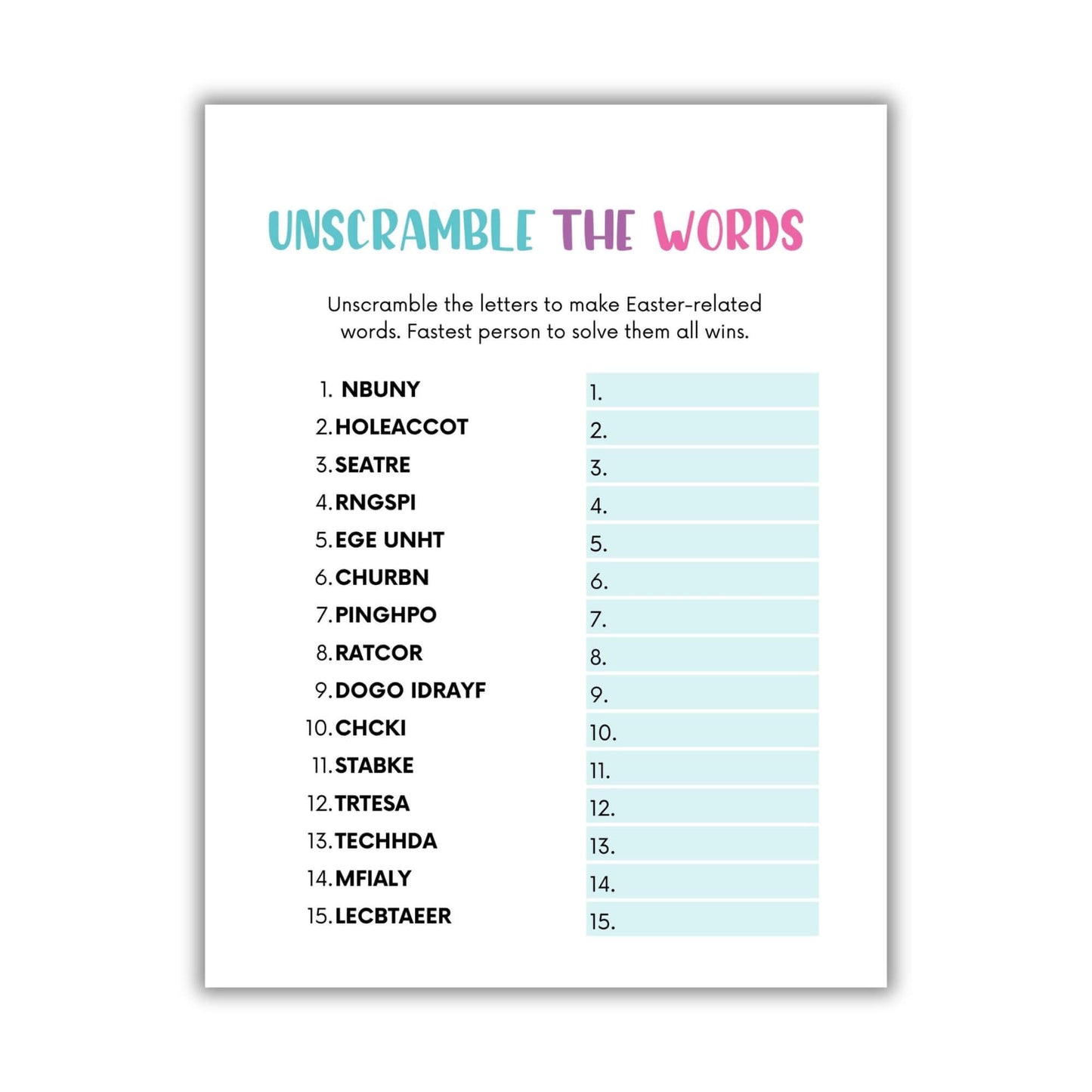 Printable Easter Unscramble Game