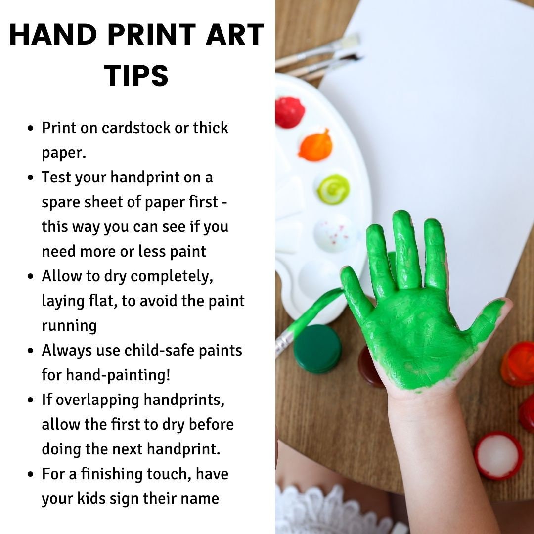 Hand print art tips with a child's green-handled handprint on a white plate.