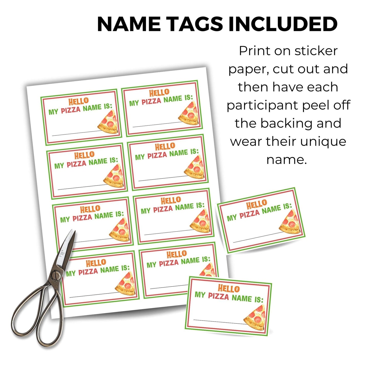 Sheet of 'Hello My Pizza Name Is' name tags with a pair of scissors on a white background.