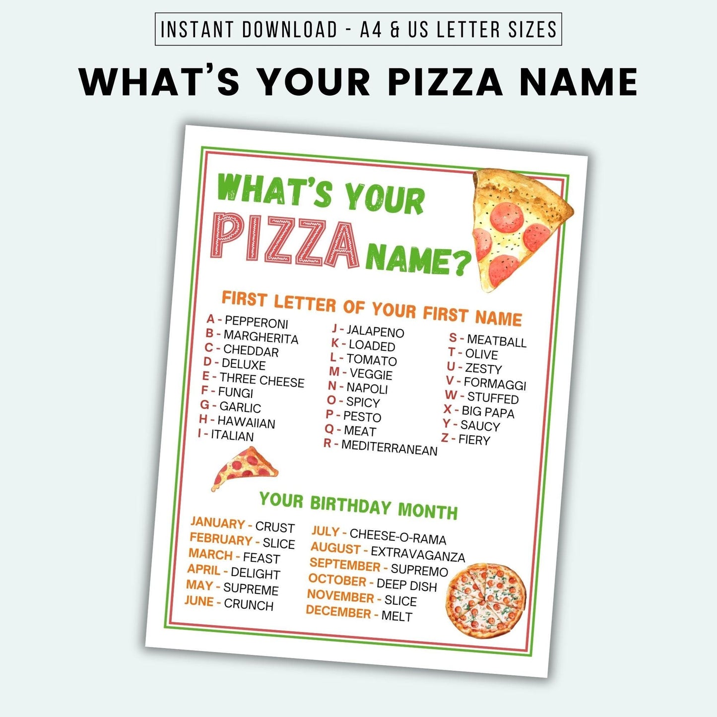Sheet titled 'What's Your Pizza Name?' with pizza-themed text and graphics on a white background.
