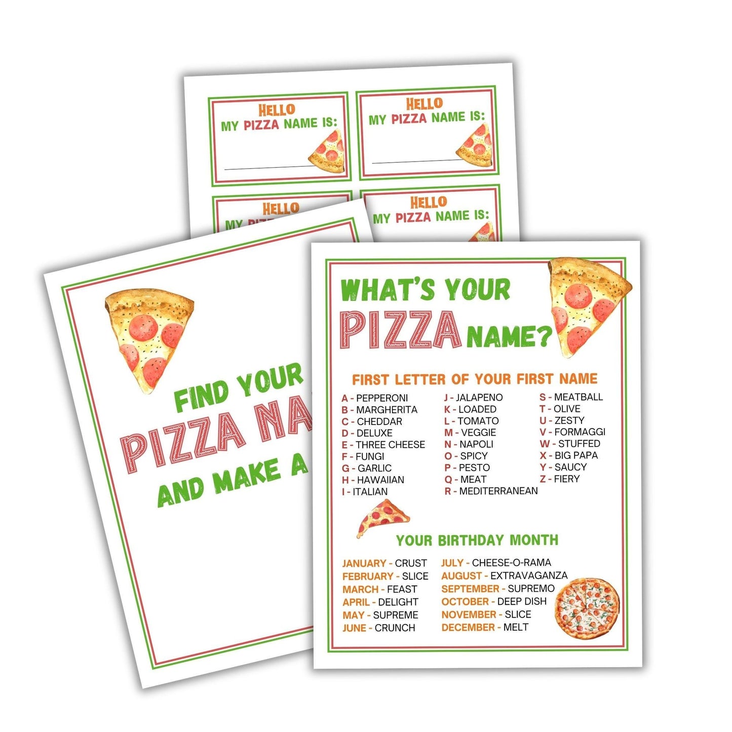 Three printed sheets with pizza-themed activities on a white background