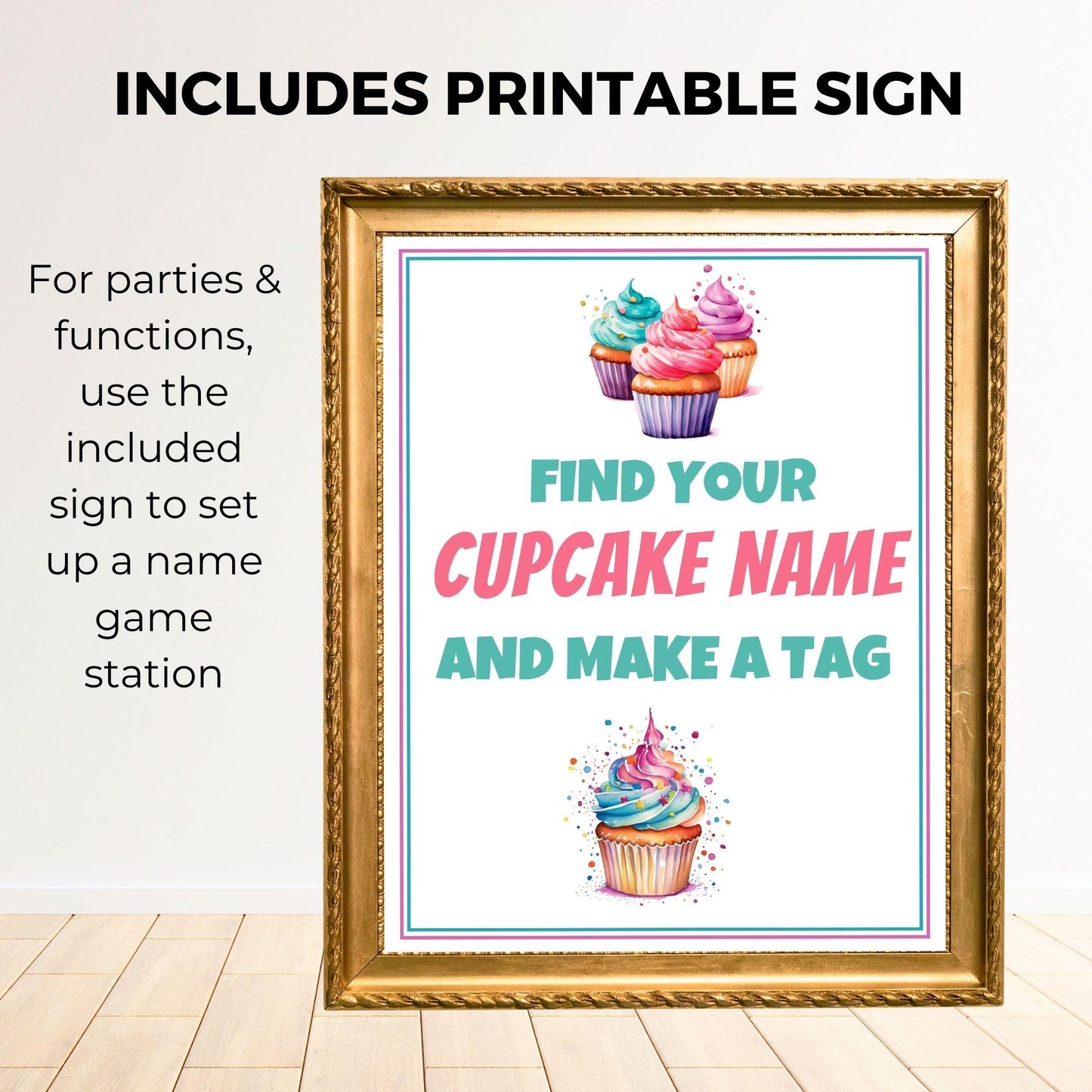 Decorative sign with colorful cupcakes and text in a gold frame on a white background