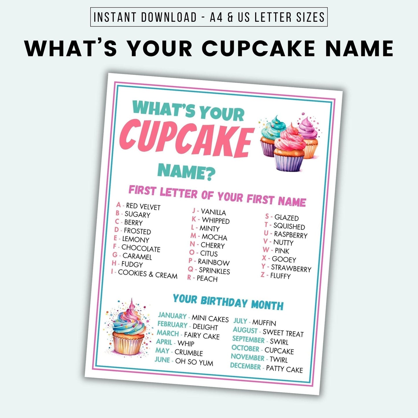 Printable game sheet titled 'What's Your Cupcake Name?' with colorful cupcakes and text on a white background.