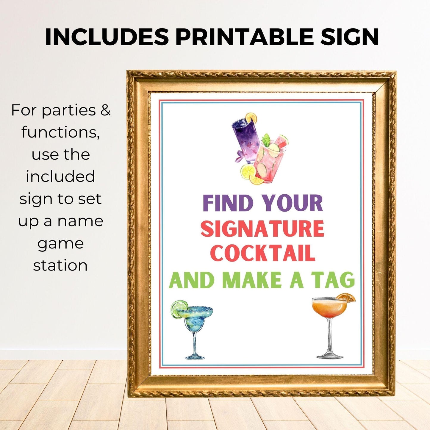 Framed sign with cocktail graphics and text for a signature cocktail game station.