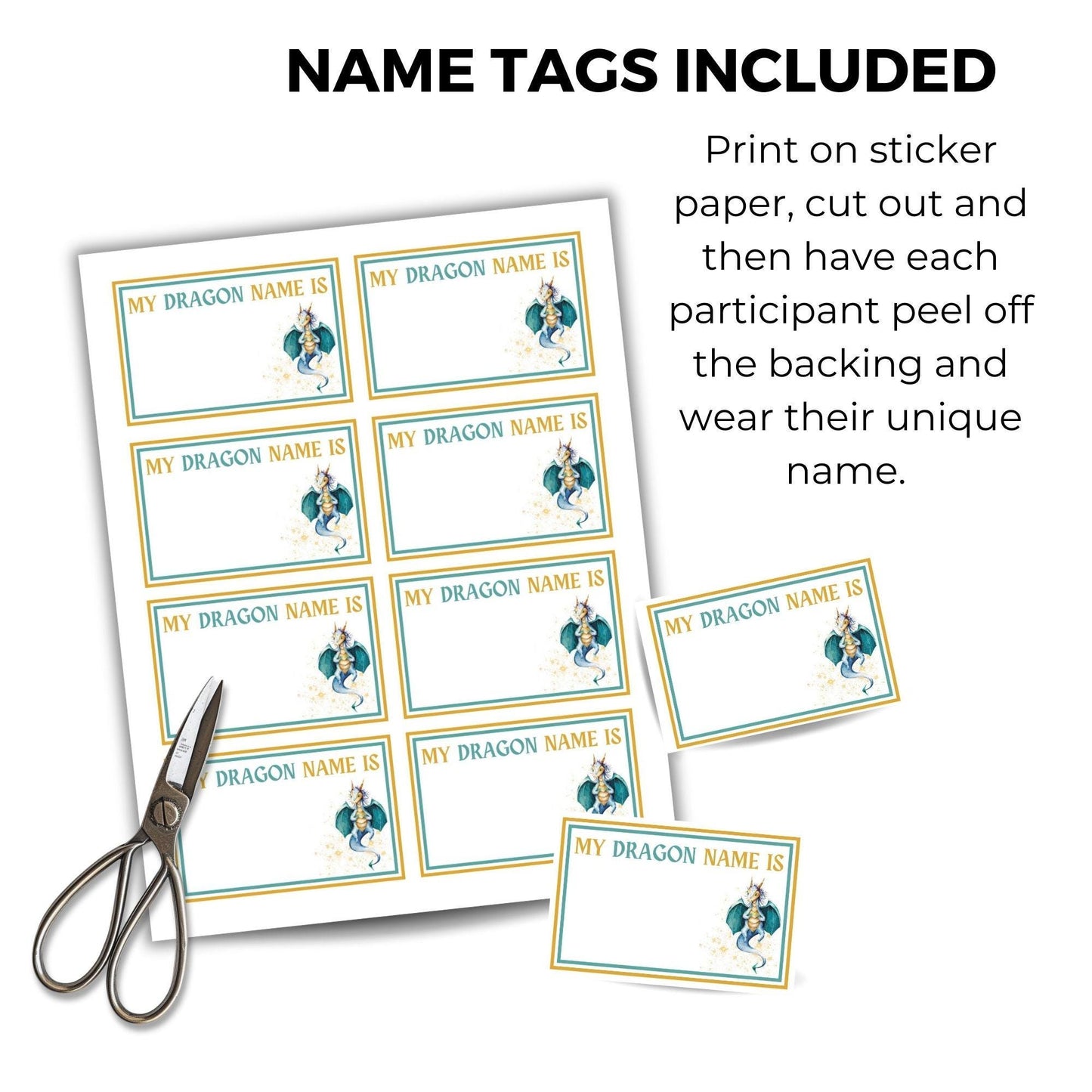 Name tags for dragons with scissors on a white background