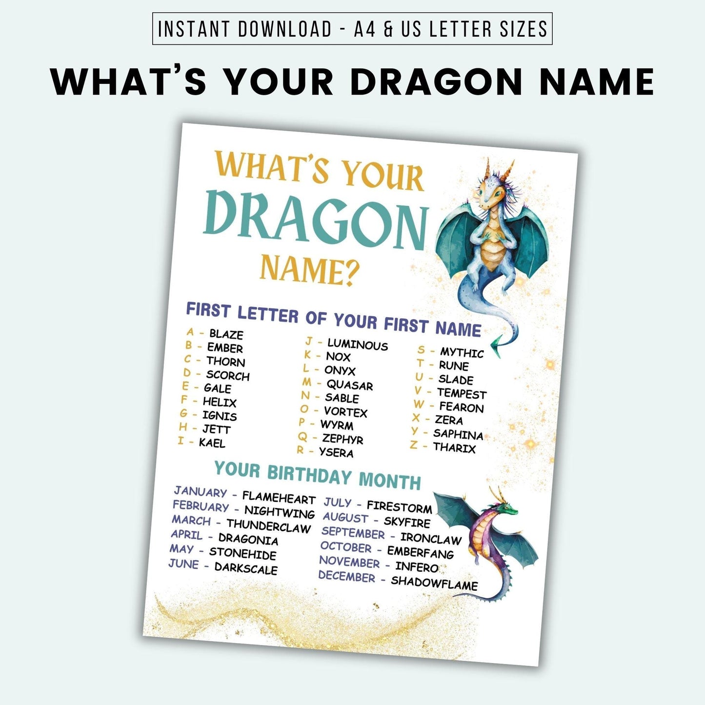 Sheet titled 'What's Your Dragon Name?' with dragon illustrations and text on a white background.