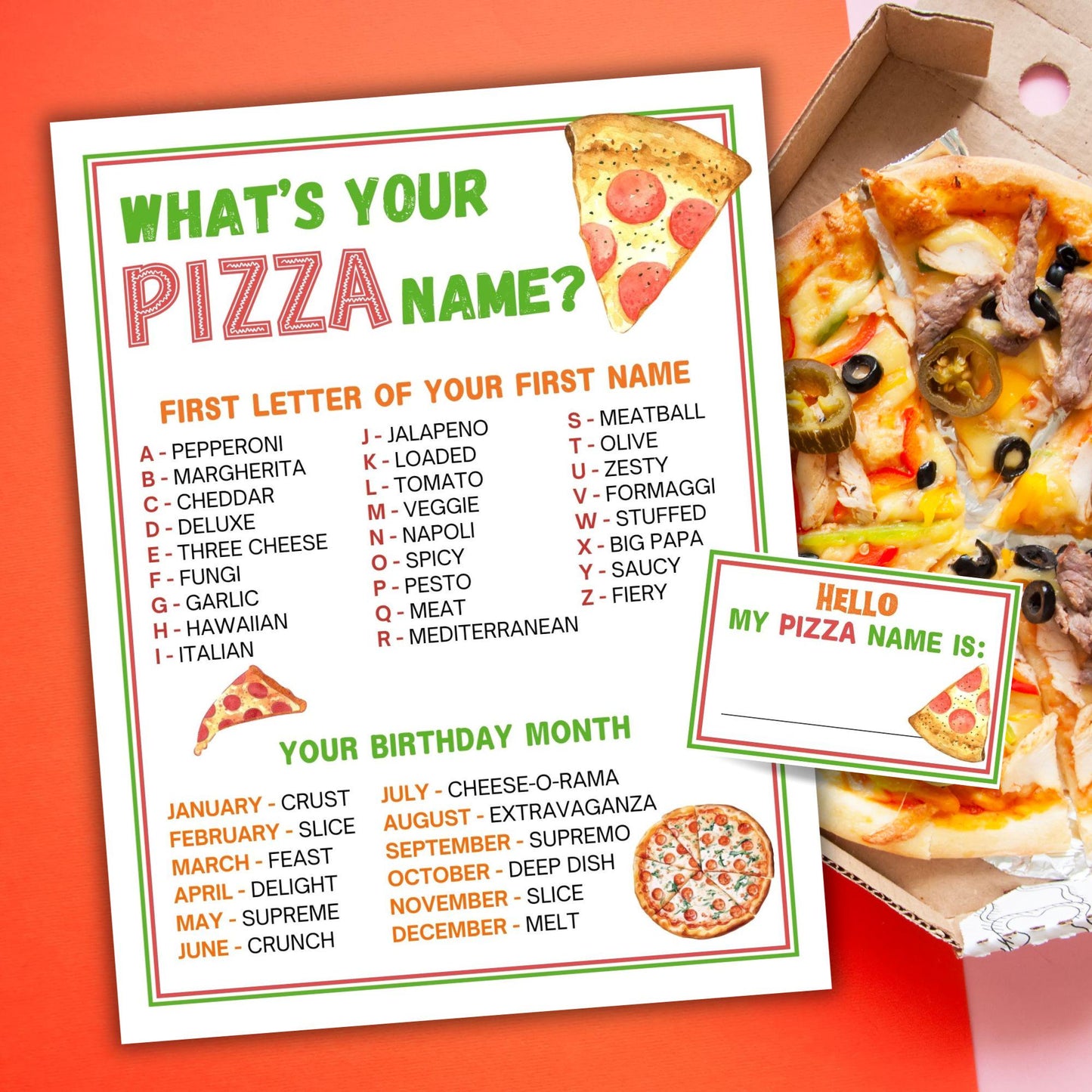Pizza-themed name generator with a box of pizza slices on an orange background