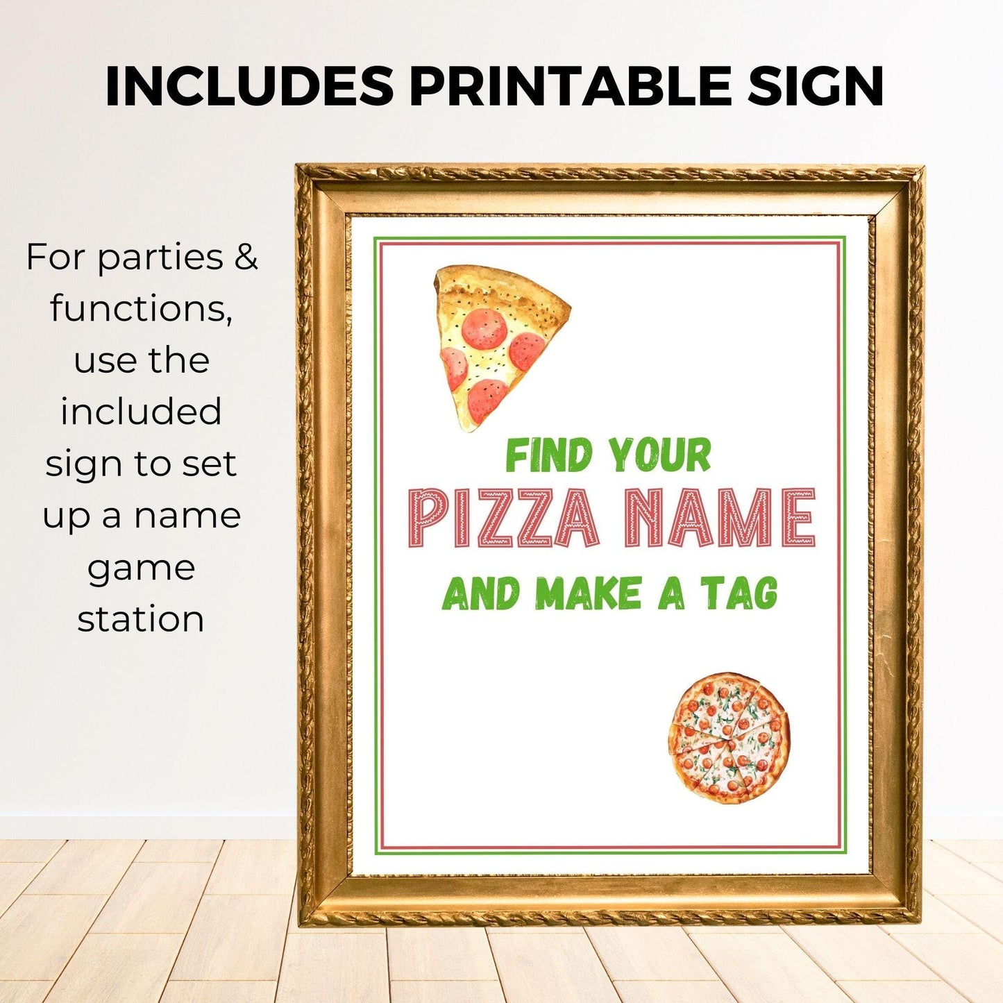 Framed printable sign with pizza-themed text and graphics on a white background