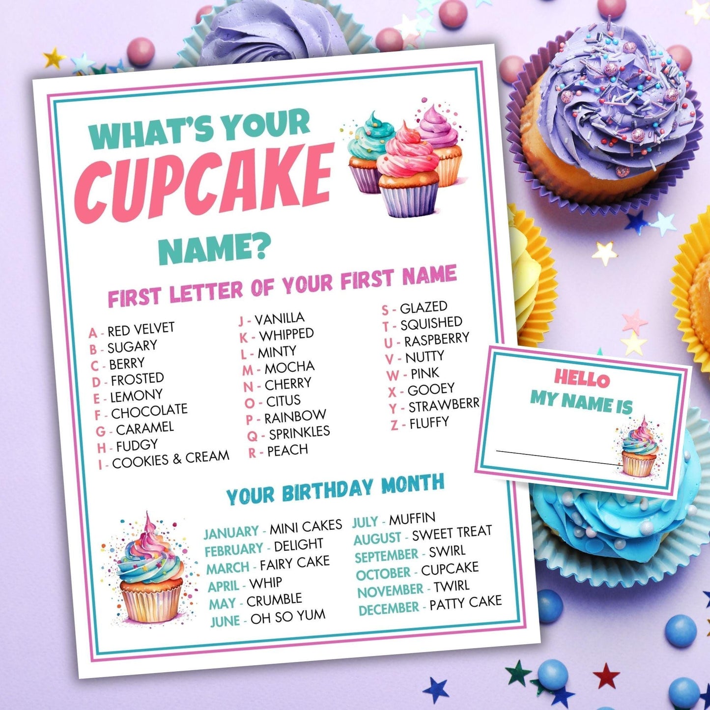 Birthday game sheet titled 'What's Your Cupcake Name?' with colorful cupcakes on a purple background.