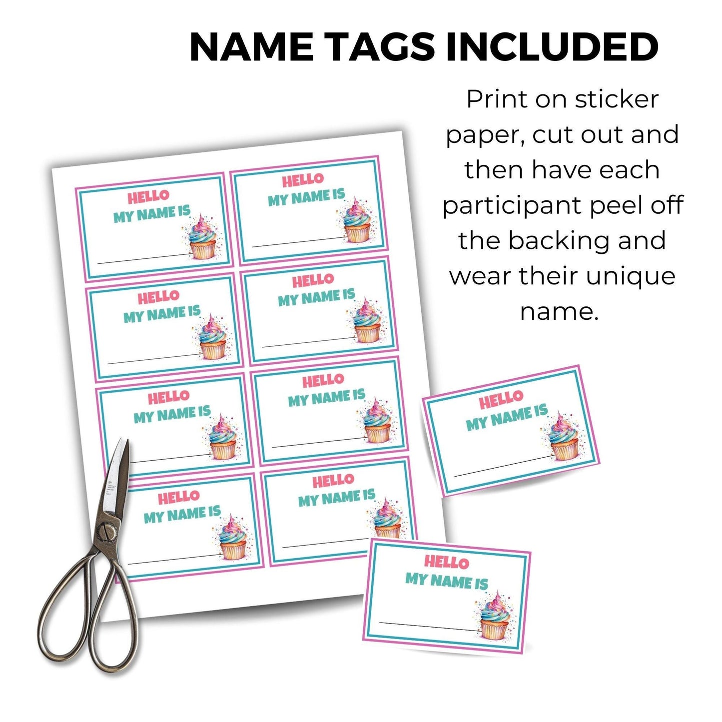 Sheet of name tags with cupcake design and scissors on a white background