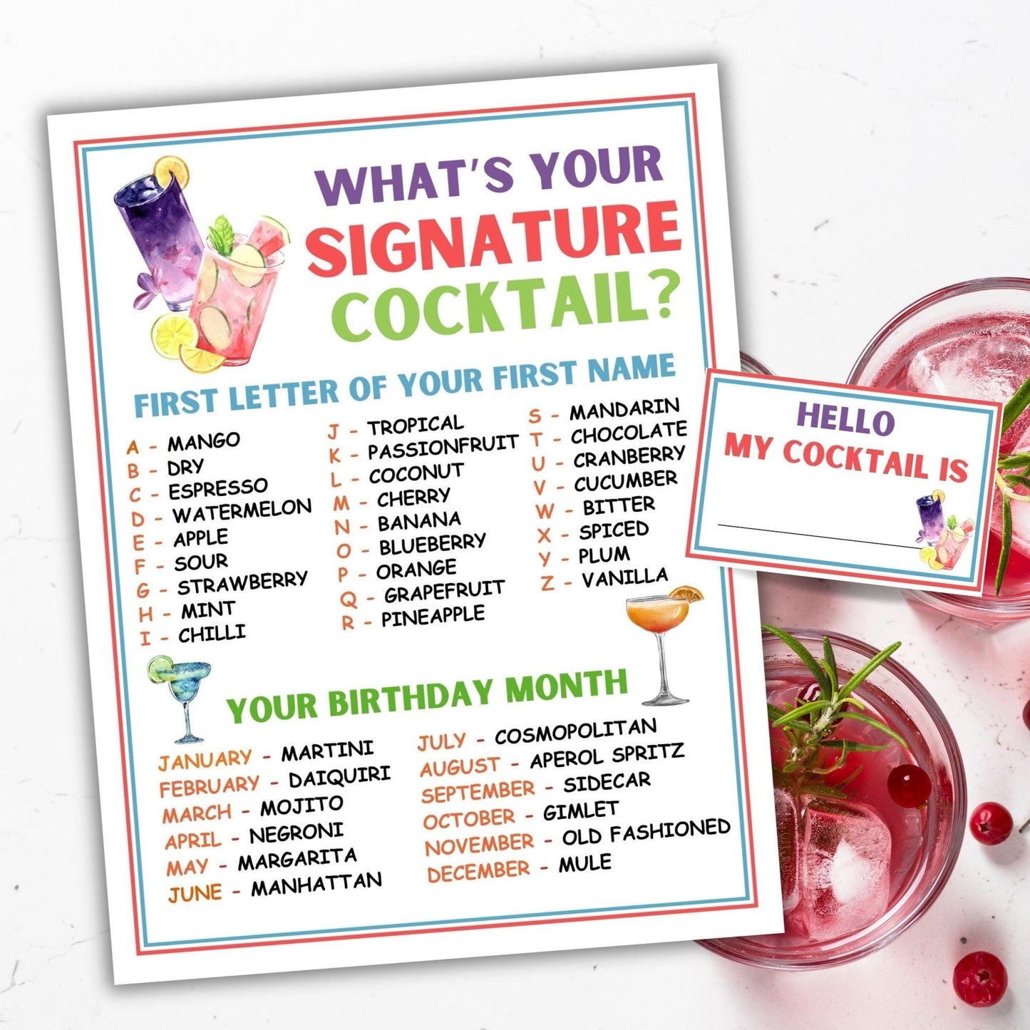 Cocktail-themed birthday party game with a list of signature cocktails and birthday month cocktails.