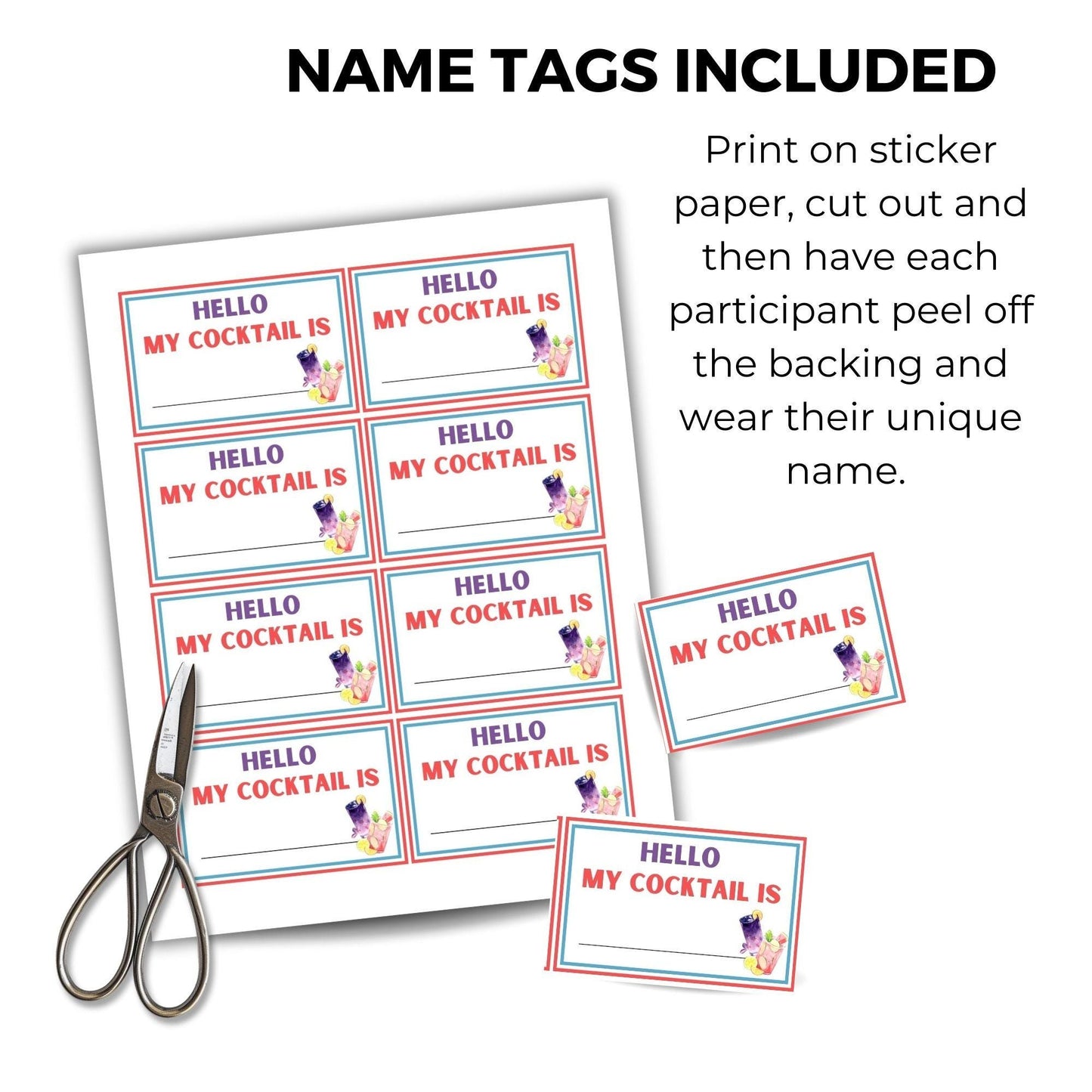 Sheet of name tags with 'Hello, my cocktail is' text and a pair of scissors on a white background.