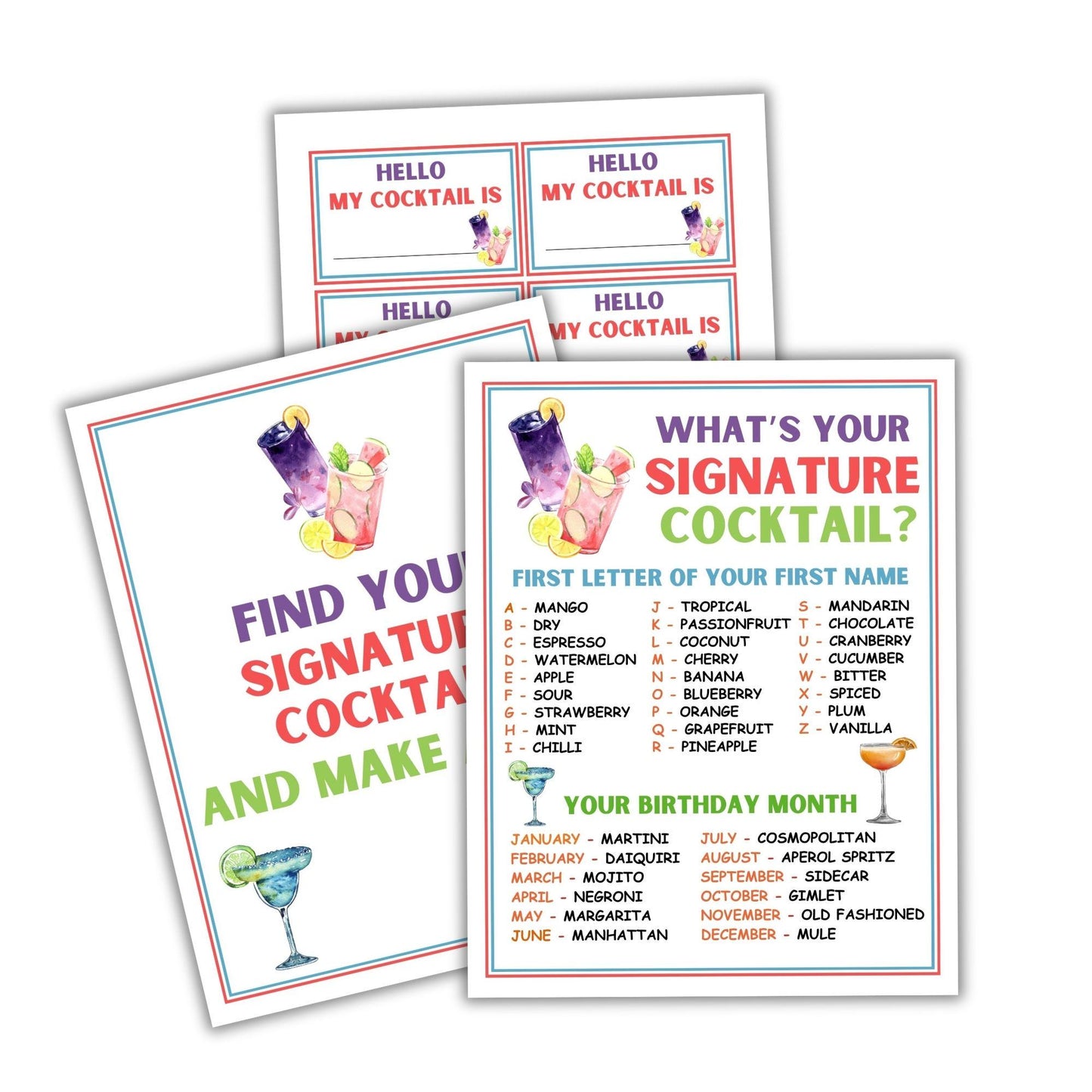 Set of cocktail-themed printables with questions and answers on a white background