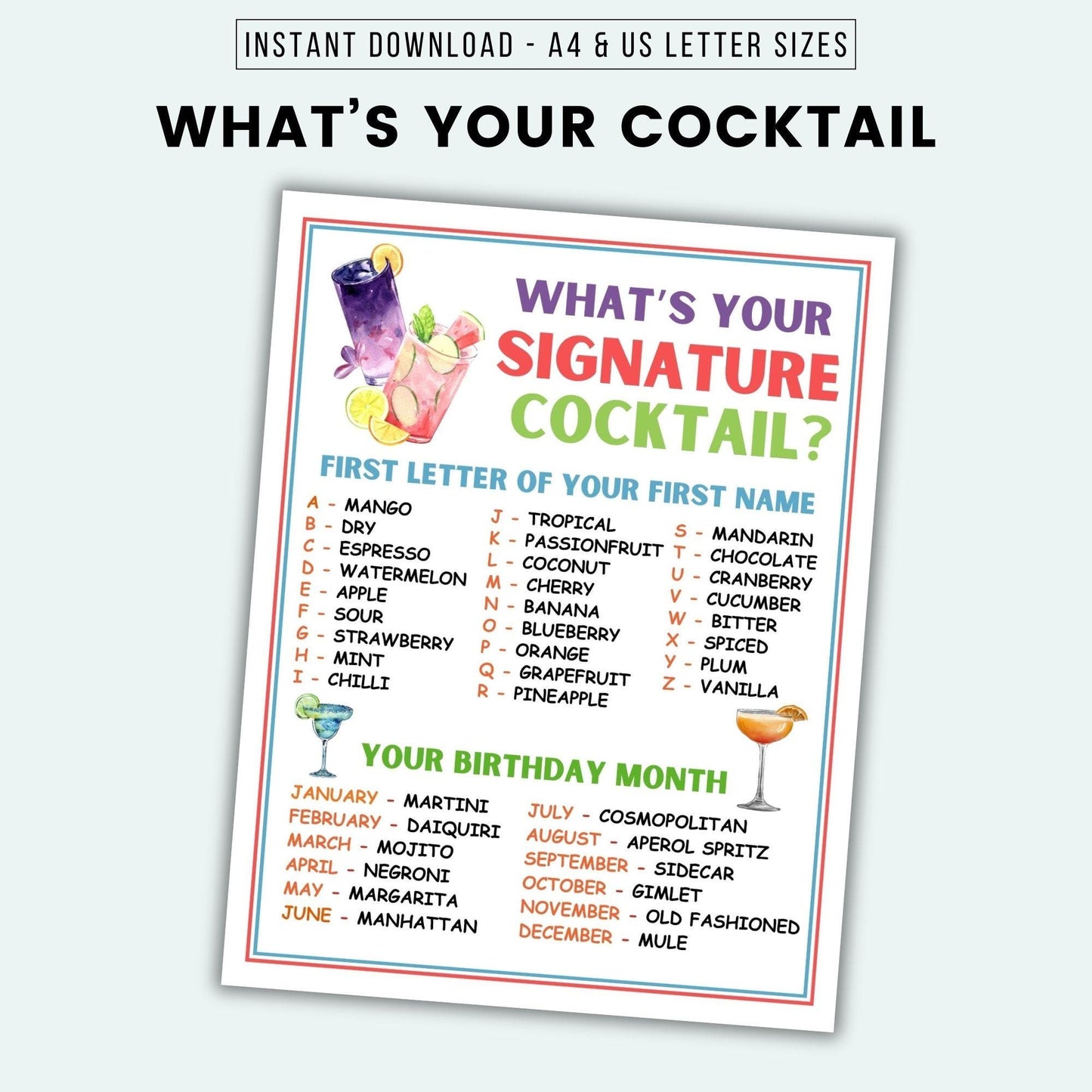 Cocktail naming game sheet with colorful text and drink icons on a white background