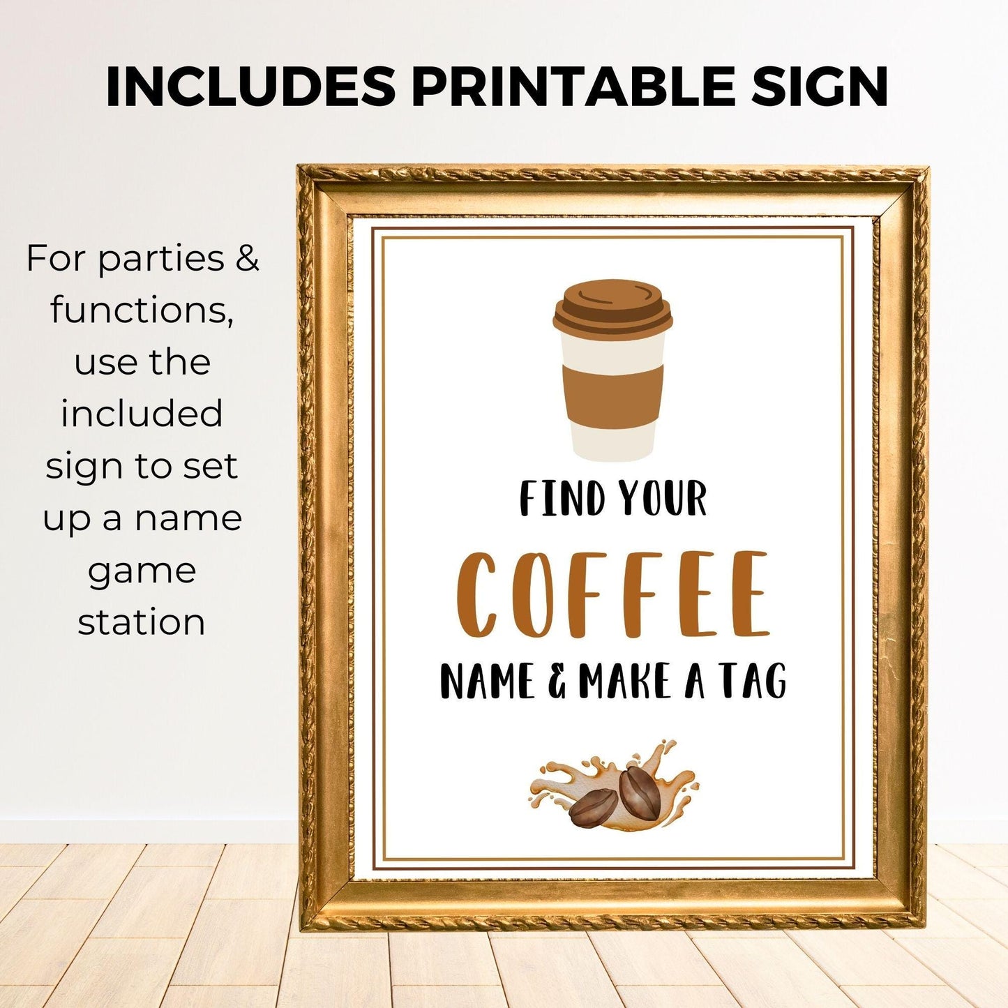 Framed printable sign with coffee-themed design and text on a white background