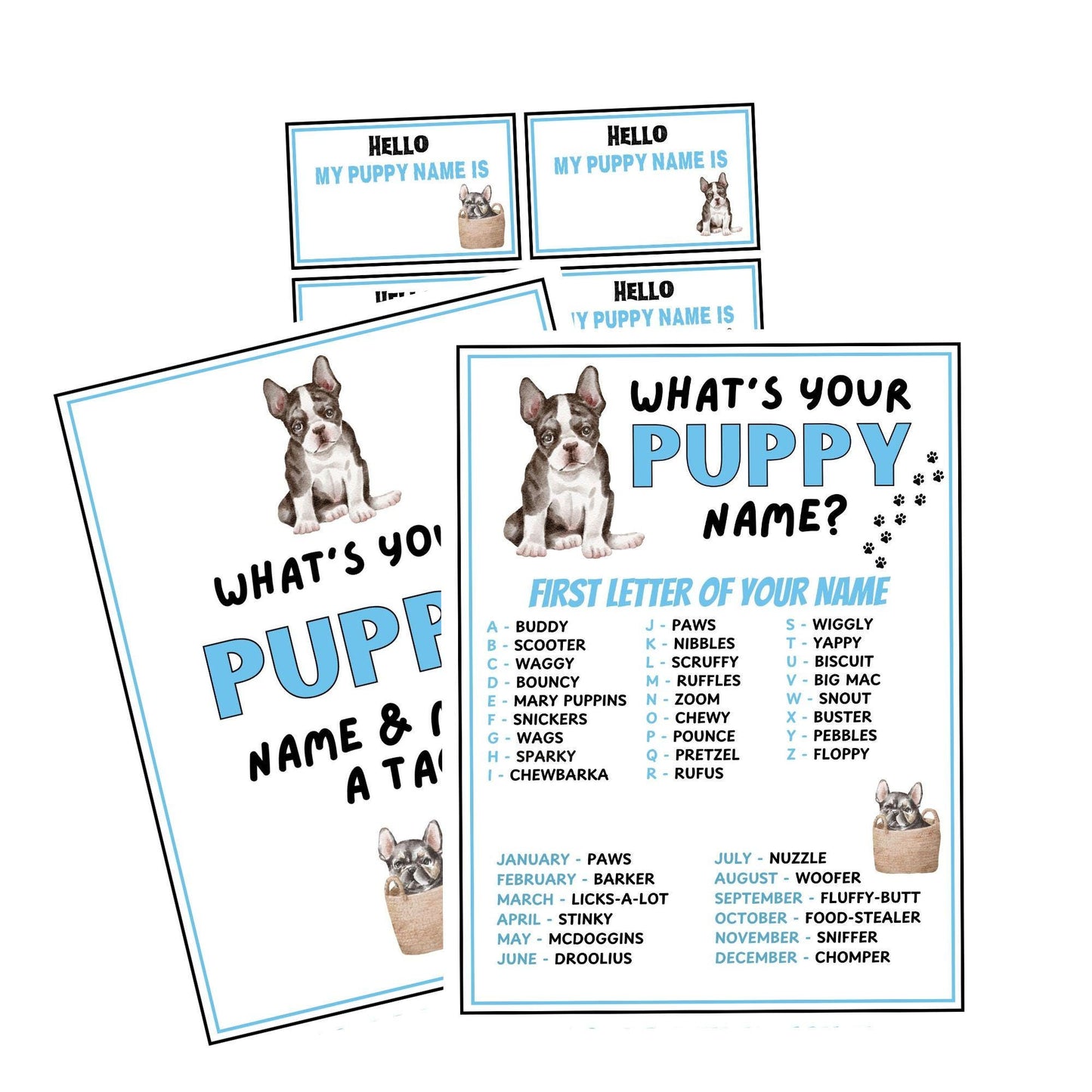 Set of greeting cards with puppy-themed designs and name suggestions on a white background