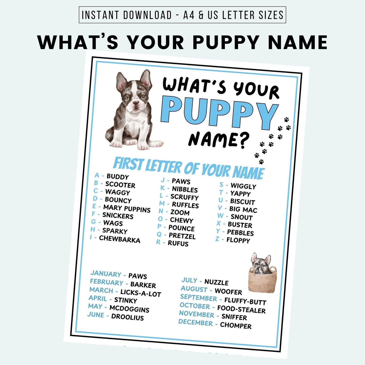 Poster with a dog illustration and text for naming a puppy, featuring A4 and US Letter size options.