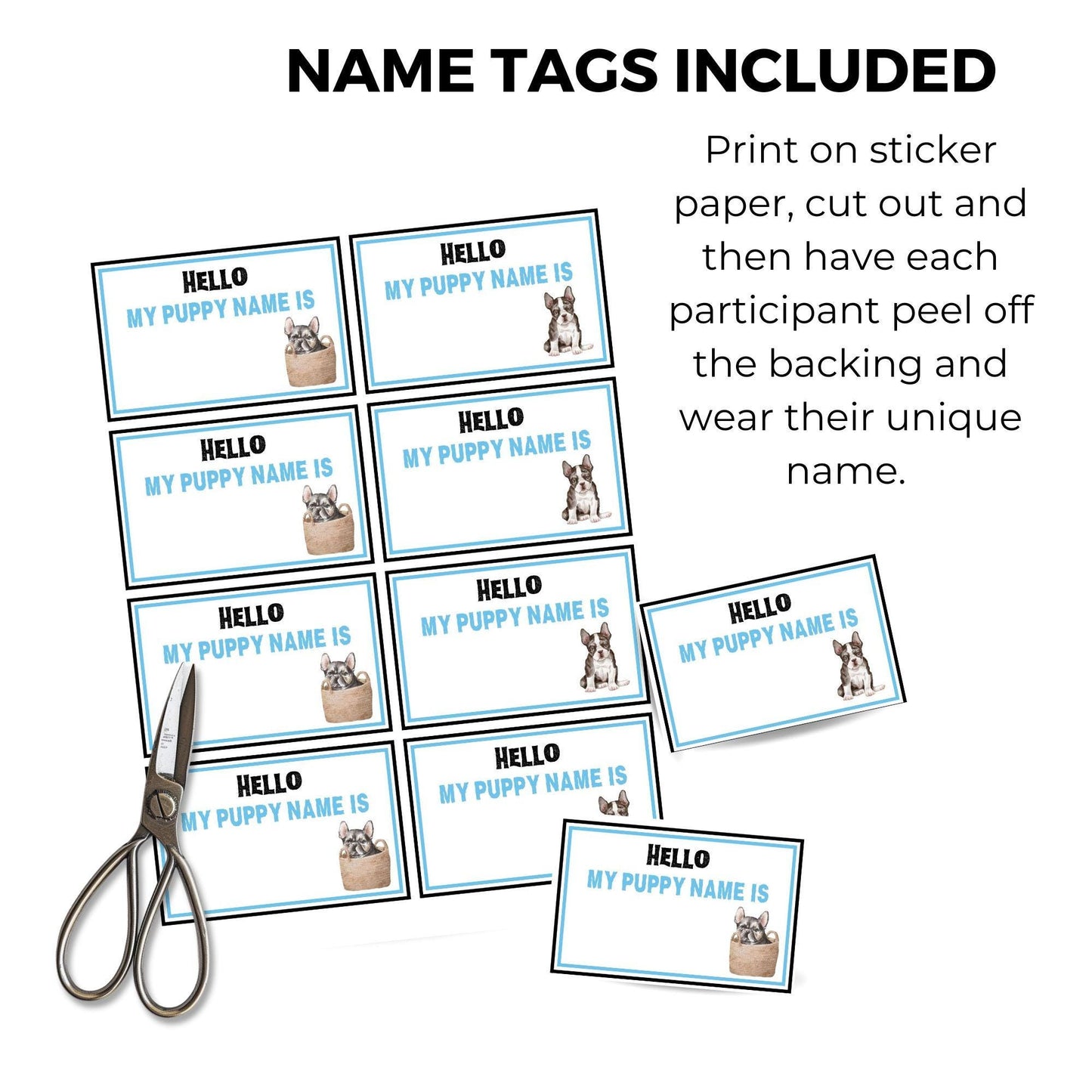 Name tags for puppies with a pair of scissors on a white background