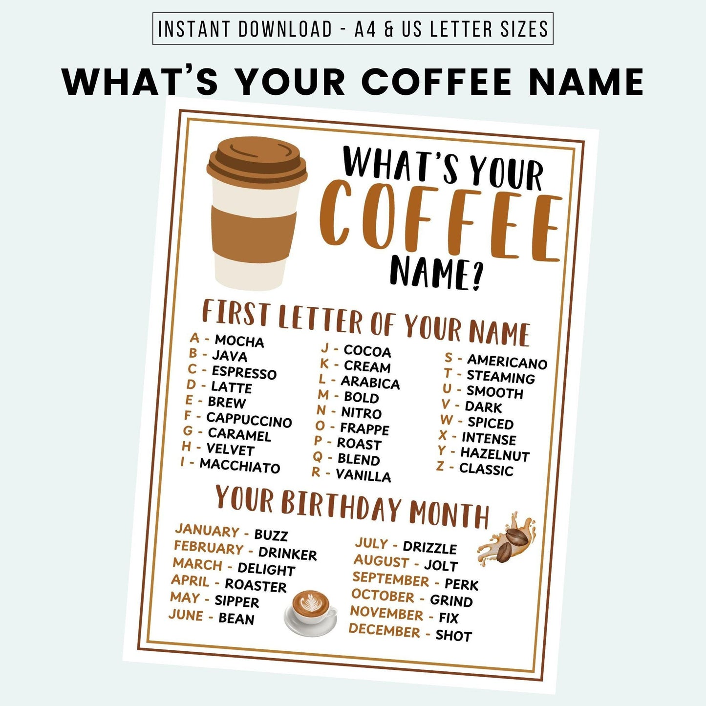 Coffee-themed name game poster with coffee cup illustration and text on a white background