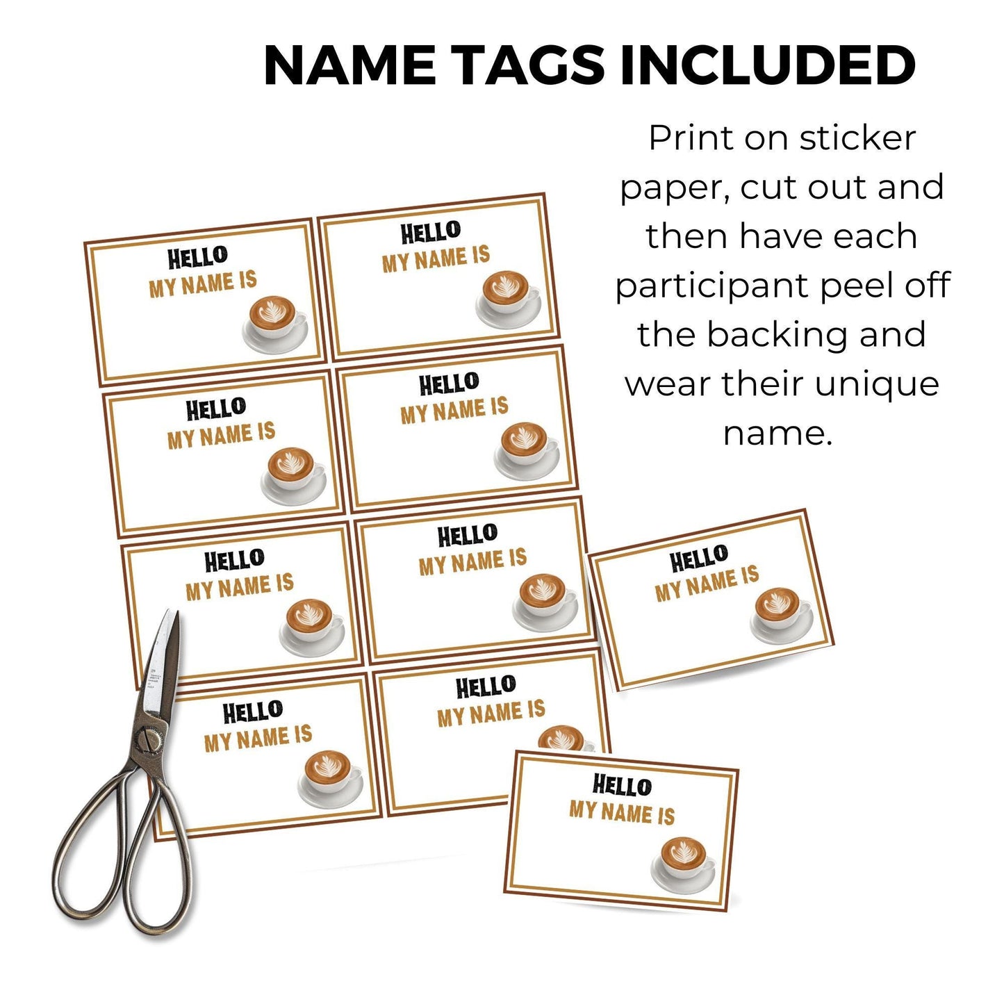 Name tags with 'Hello my name is' text and a coffee cup icon, accompanied by scissors on a white background.