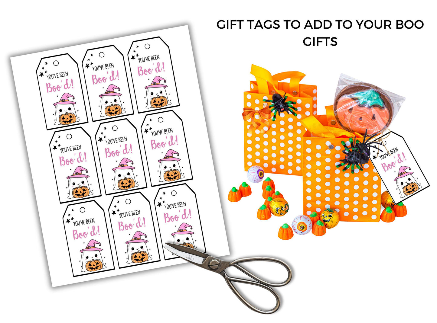 Halloween-themed gift tags with a bag and scissors on a white background
