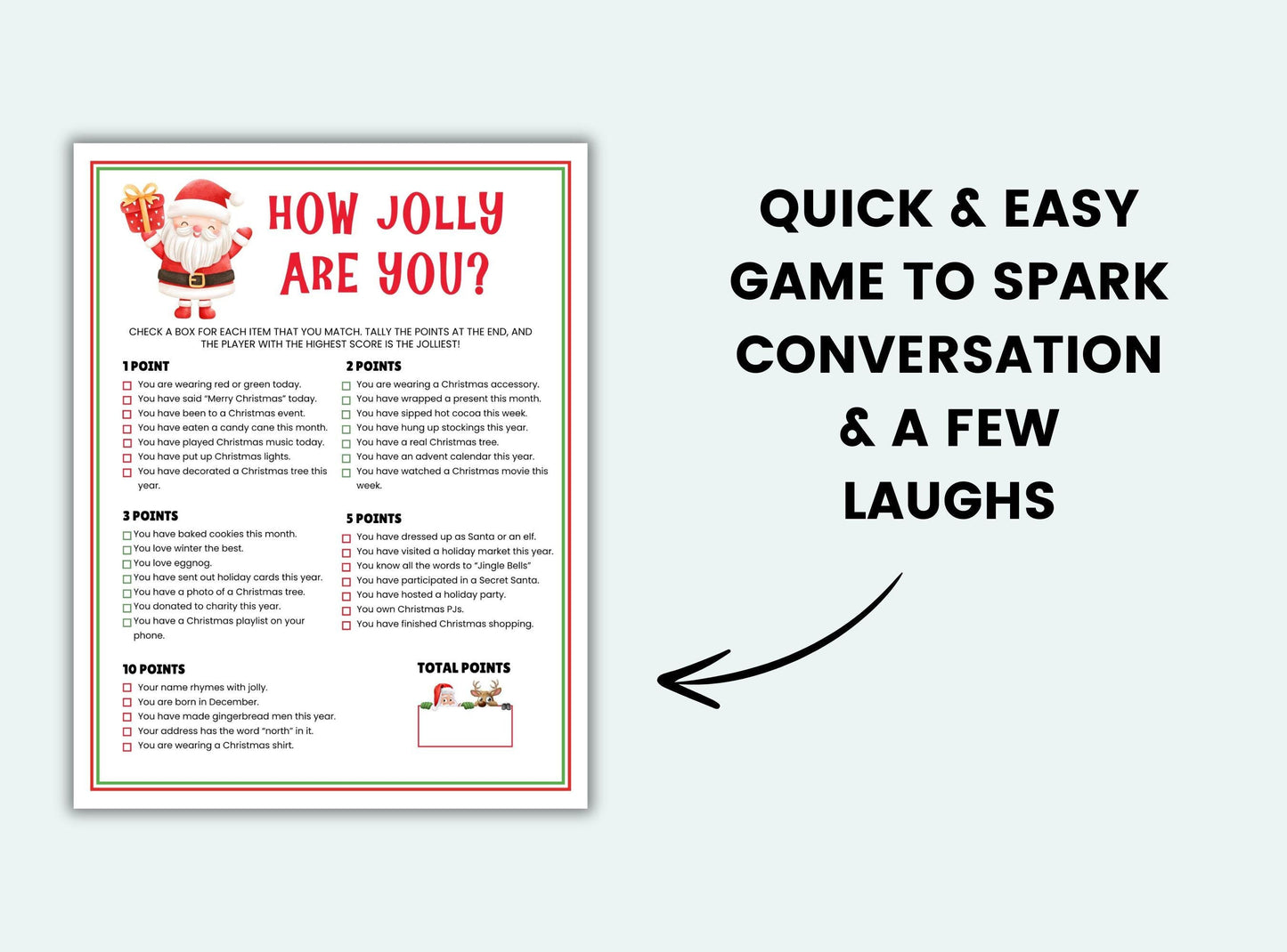 Christmas-themed game sheet titled 'How Jolly Are You?' on a white background with text about conversation starters.