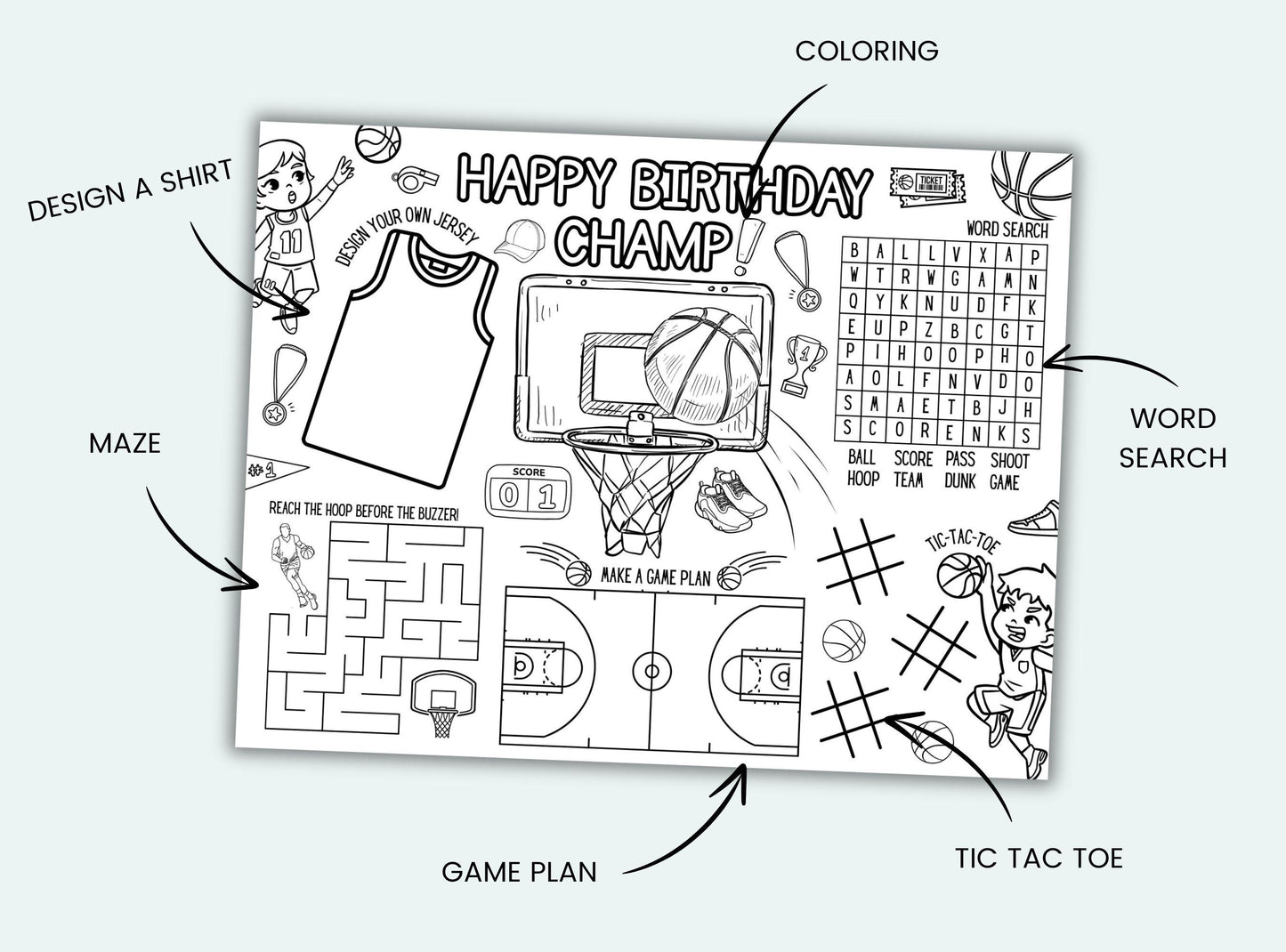 Basketball Party Activity Placemat