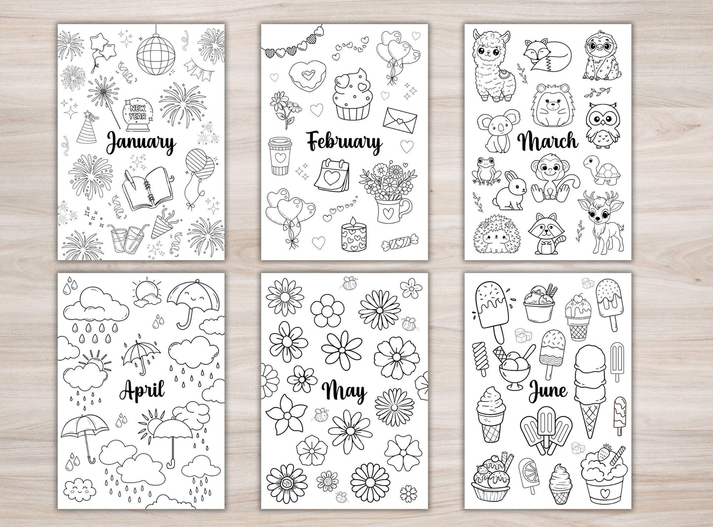 Set of six black and white calendar pages for January to June on a wooden surface.